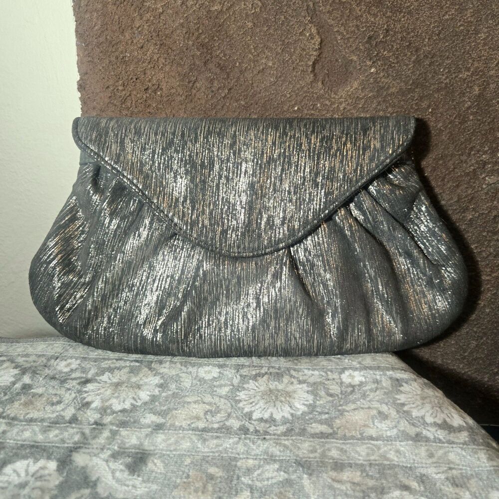 Vtg Y2K Revival Lauren Merkin Dark Coquette Metallic Shimmer Pleated Clutch